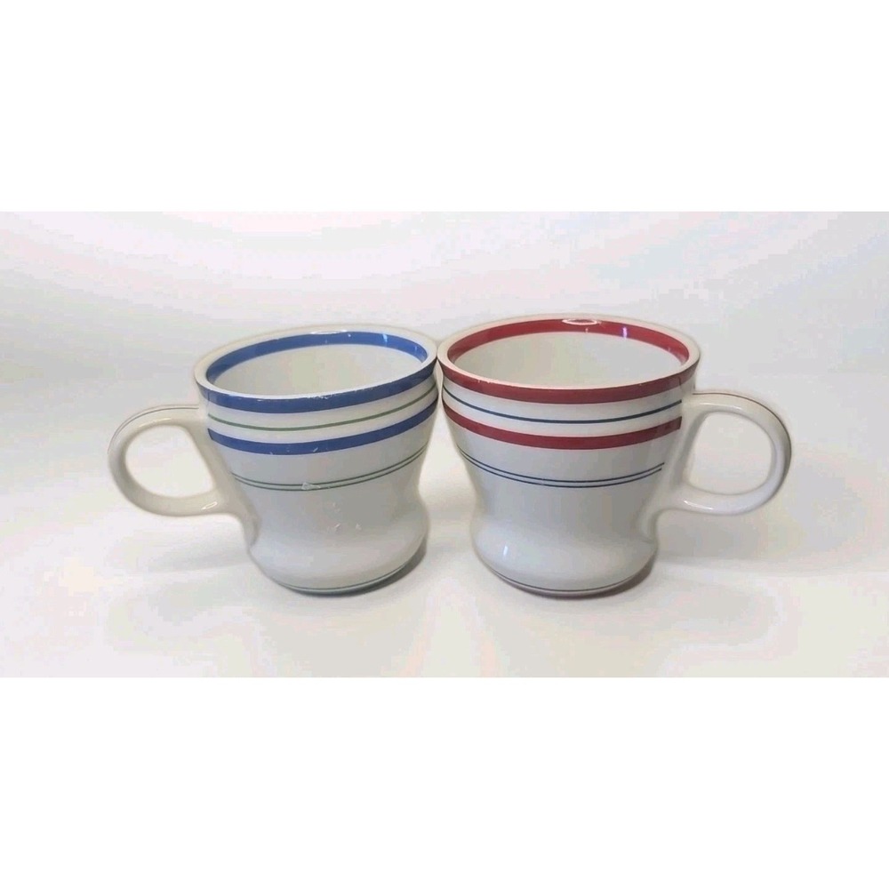 Starbucks Retro 2007 Red Blue Striped 12 Oz Coffee Mugs Lot Of 2, Vtg,collectabl